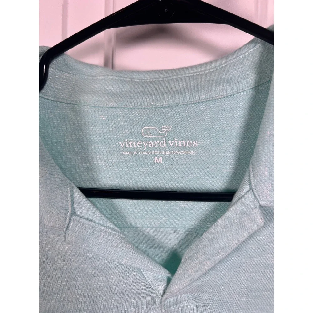Vineyard Vines Mens Linen Cotton Polo Shirt Mint Green Heathered Whale Logo M